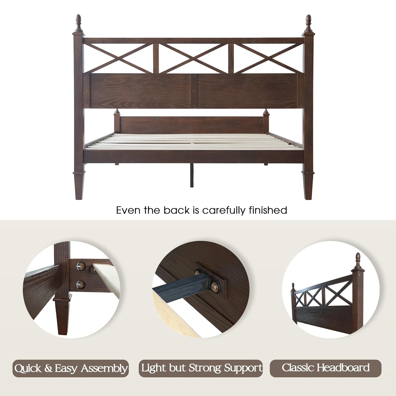 Queen Size Bed Frame with Headboard & Footboard, Solid Wood Platform Bed, Central Metal Legs, 12 Sturdy Slatted Base, Noise-Free & Anti-Slip, No Box Spring Needed, Dark Roast Oak Finish RIQ-32