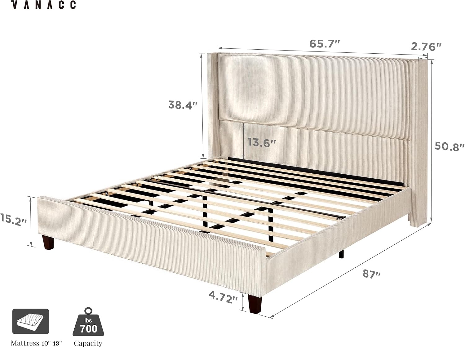 VanAcc Queen Size Platform Bed Frame, 50.8' Corduroy Upholstered Bed with Vertical Channel Tufted Headboard/Wooden Slats/Wingback/No Box Spring Required/Beige