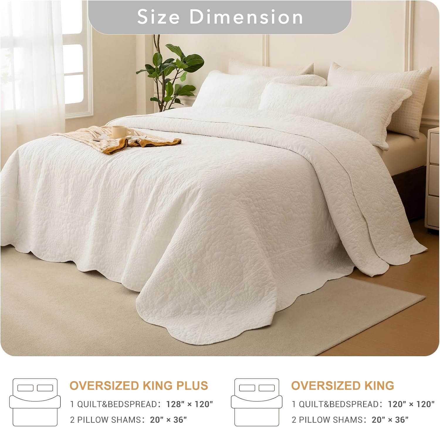 QSH 3PCs Milk White Oversized King Quilt (120'x120'),Stonewashed Cotton Bedspread California King,Ultra Soft Lightweight Crinkled Wave Pattern Bedspread Coverlet Rustic Bedding Set for All Seasons