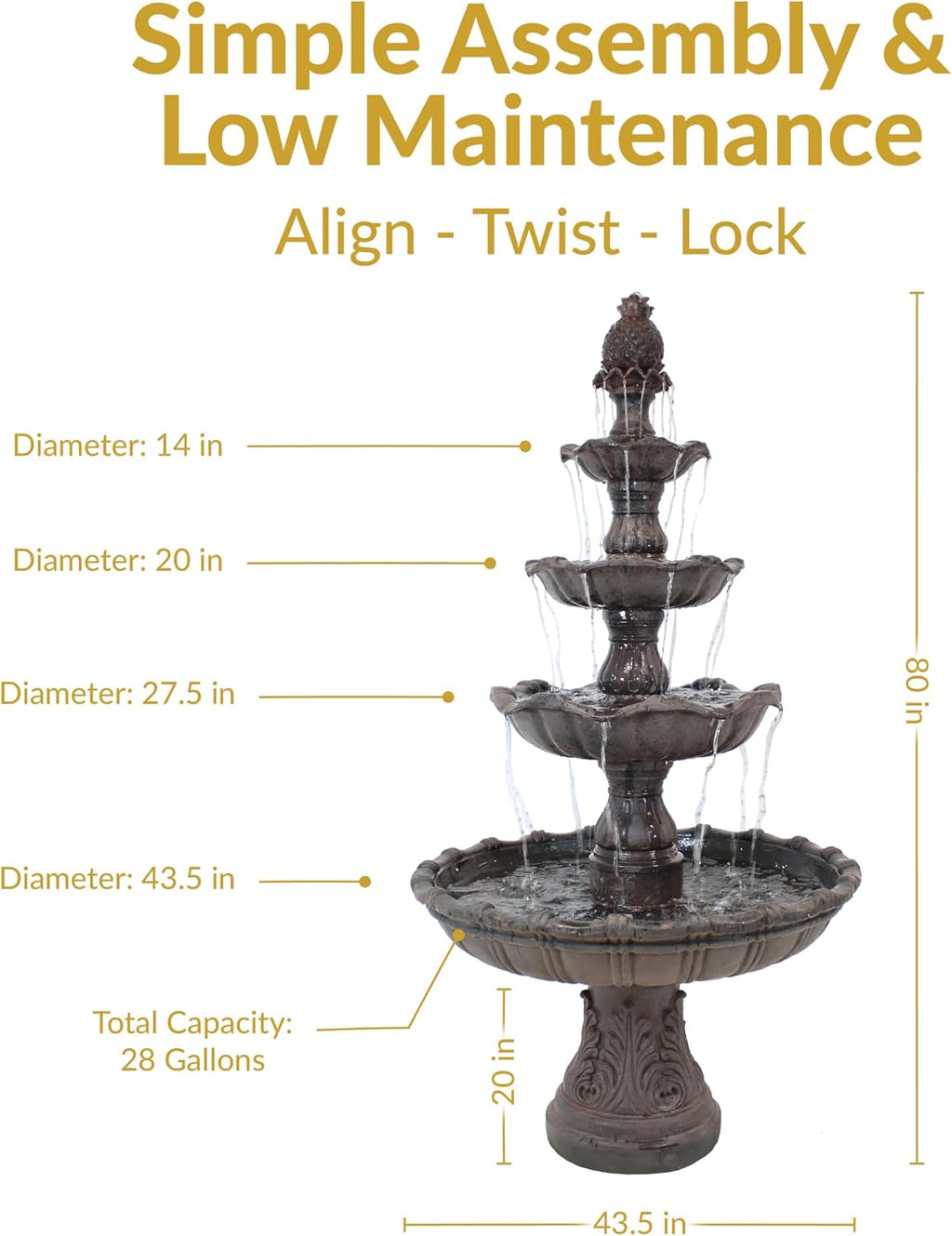 Sunnydaze Grand Courtyard 4-Tier Large Outdoor Water Fountain - 80' Tall Outdoor Fountain - Tiered Electric Garden Water Feature for Patio, Backyard, or Yard - Faux Stone Resin - Dark Chestnut
