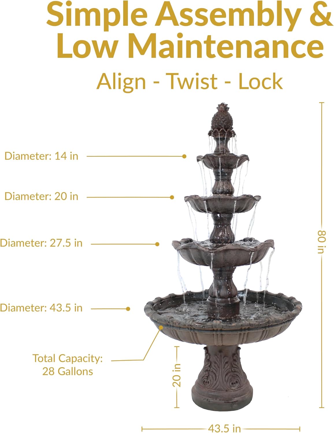 Sunnydaze Grand Courtyard 4-Tier Large Outdoor Water Fountain - 80' Tall Outdoor Fountain - Tiered Electric Garden Water Feature for Patio, Backyard, or Yard - Faux Stone Resin - Dark Chestnut