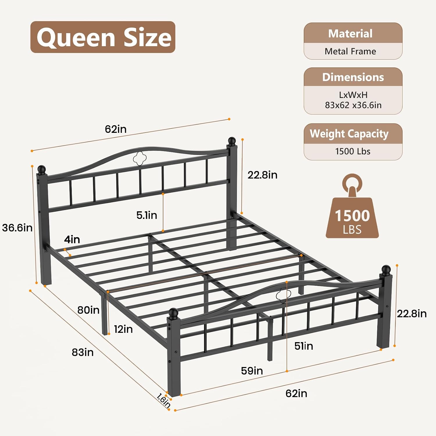 Metal Queen Bed Frame with Headboard, 1500lb No Squeak Platform, 12' Underbed Storage, Tool-Free 30-Min Assembly, No Box Spring Needed, Black