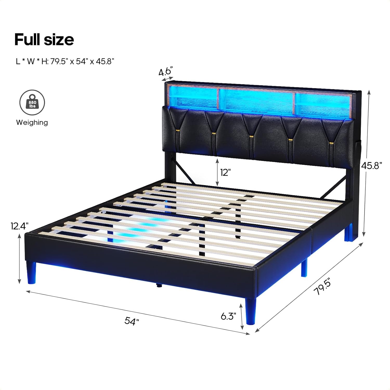 HAUOMS LED Full Bed Frame with Type-C & USB Charging Station, Full Size Bed Frame with Storage Headboard, Modern Pu Leather Platform Bed with Shelf Headboard, Easy Assembly, Noise-Free, Black