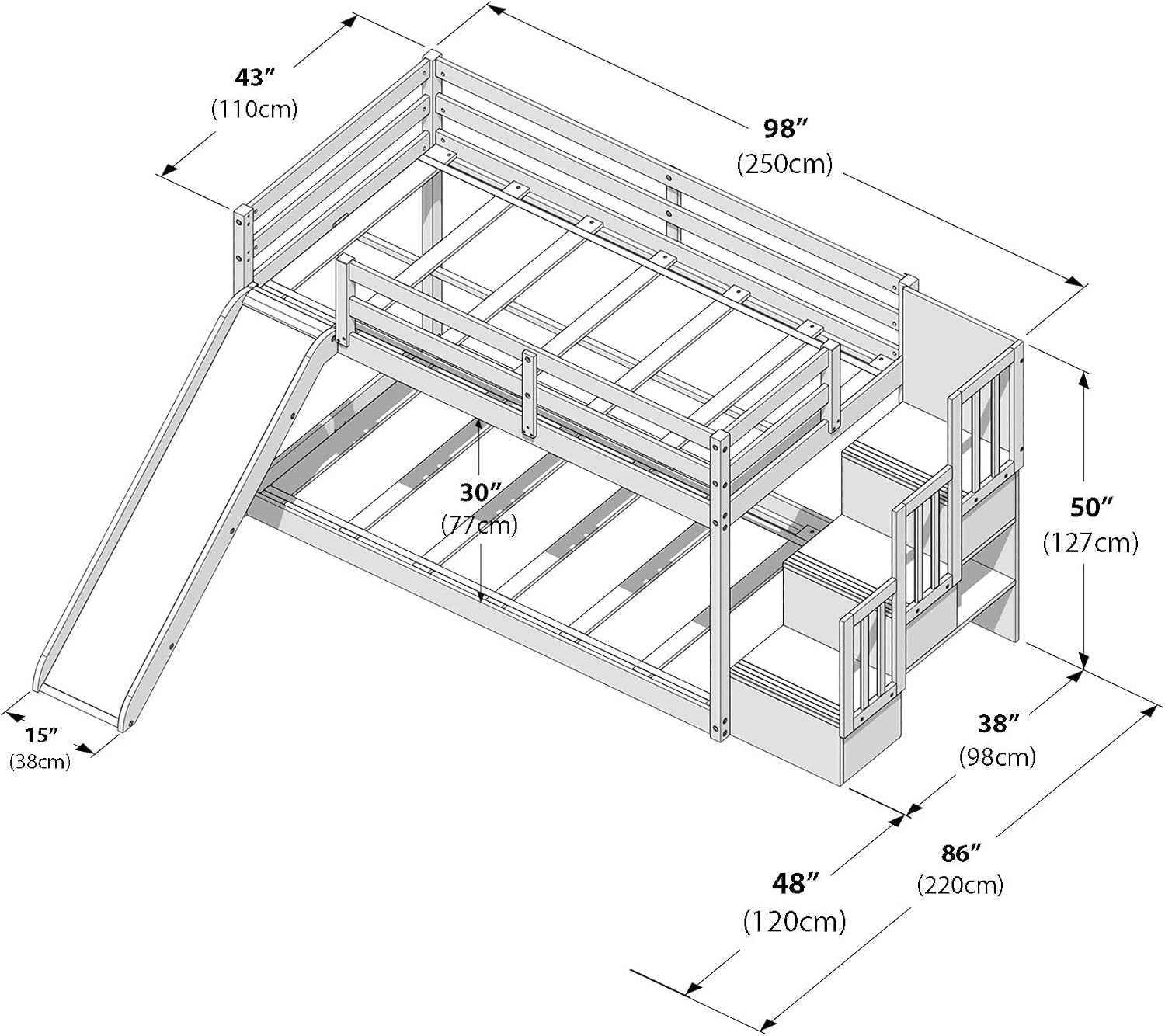 Grain & Grove Bear Twin Over Twin Bunk Bed with Slide and Staircase, Low Bunk Bed Frame for Kids, Bunk with Ladder, Guardrail, and Slats, No Box Spring Required, Oak Embossed Natural