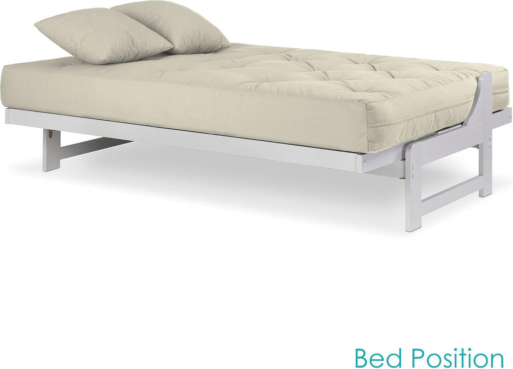 Nirvana Futons Arden White Futon Set Full or Queen Size - Armless Wood Futon Frame with Mattress Included (Twill Ivory), Space Saving Modern Sofa Bed Sleeper