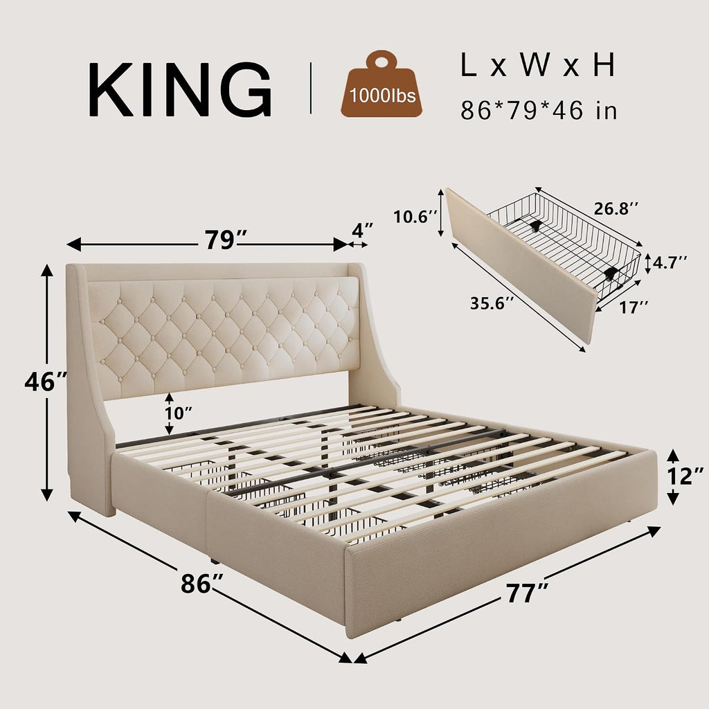 Einhomn Upholstered King Size Bed Frame with 4 Storage Drawers, Modern Platform Bed with Wingback Headboard, Charging Station, No Box Spring Needed, Beige
