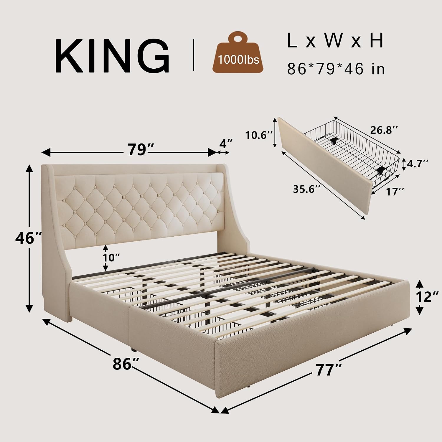 Einhomn Upholstered King Size Bed Frame with 4 Storage Drawers, Modern Platform Bed with Wingback Headboard, Charging Station, No Box Spring Needed, Beige