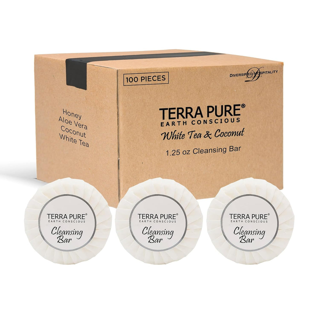 Terra Pure White Tea and Coconut | 150 pcs 1oz Shampoo and Conditioner, Body Wash, Lotion, 1.25oz Bar Soap and 100 pcs Cleansing Bar Soap