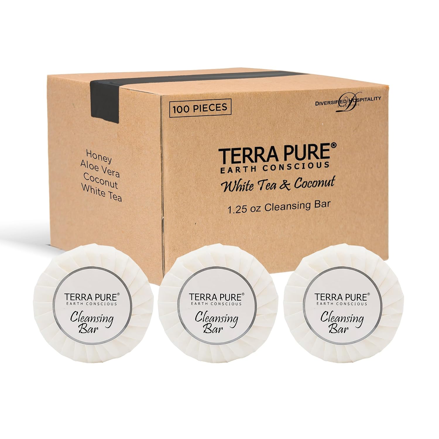 Terra Pure White Tea and Coconut | 150 pcs 1oz Shampoo and Conditioner, Body Wash, Lotion, 1.25oz Bar Soap and 100 pcs Cleansing Bar Soap