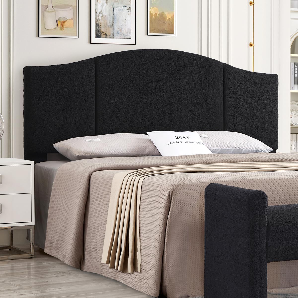 24KF Upholstered Soft Teddy Fabric King Headboard,Modern Wave-Like Top Edge CA King Size Headboard, 6033-K-Black