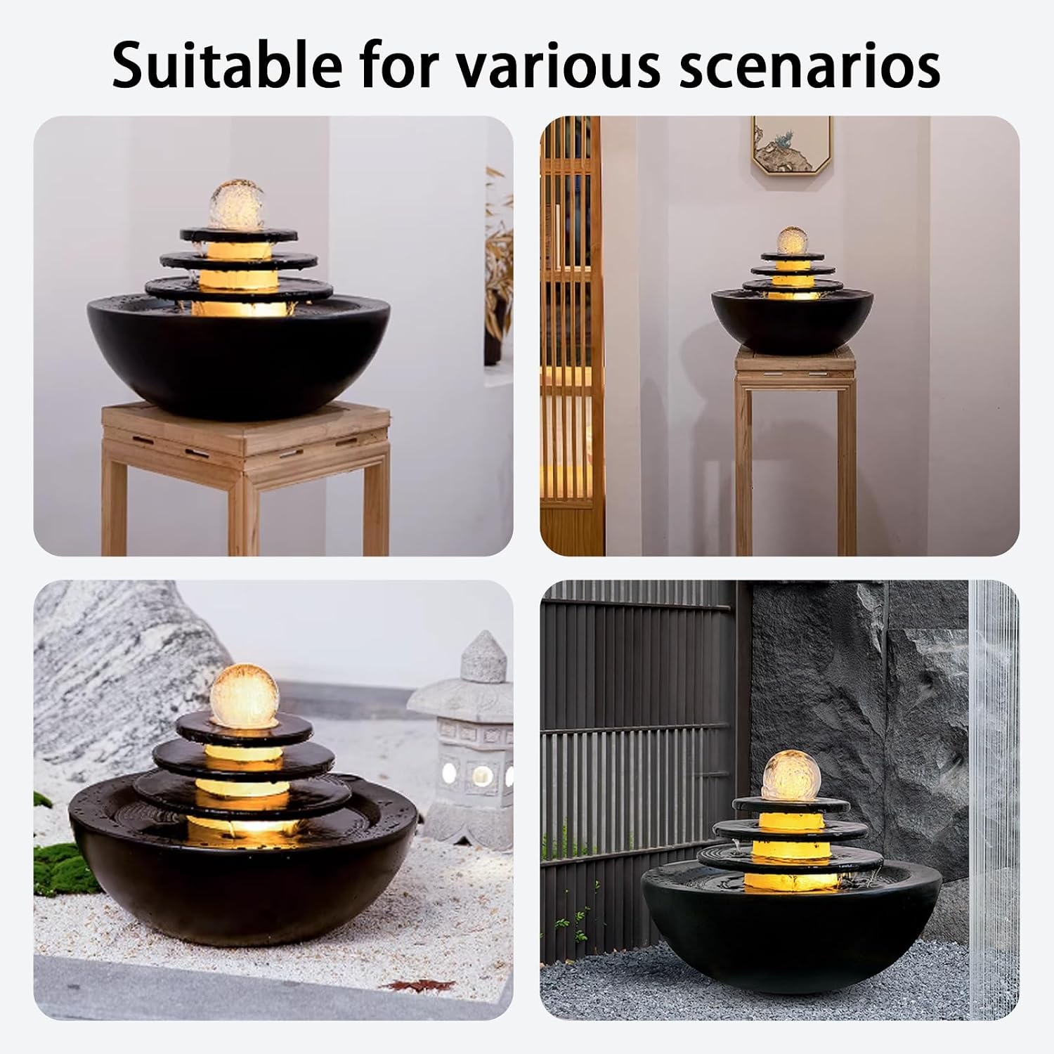 Tabletop Fountain, Indoor Waterfall with LED Lights, Relaxing Polyresin Desktop, Office Living Room Bedroom Decor(White)
