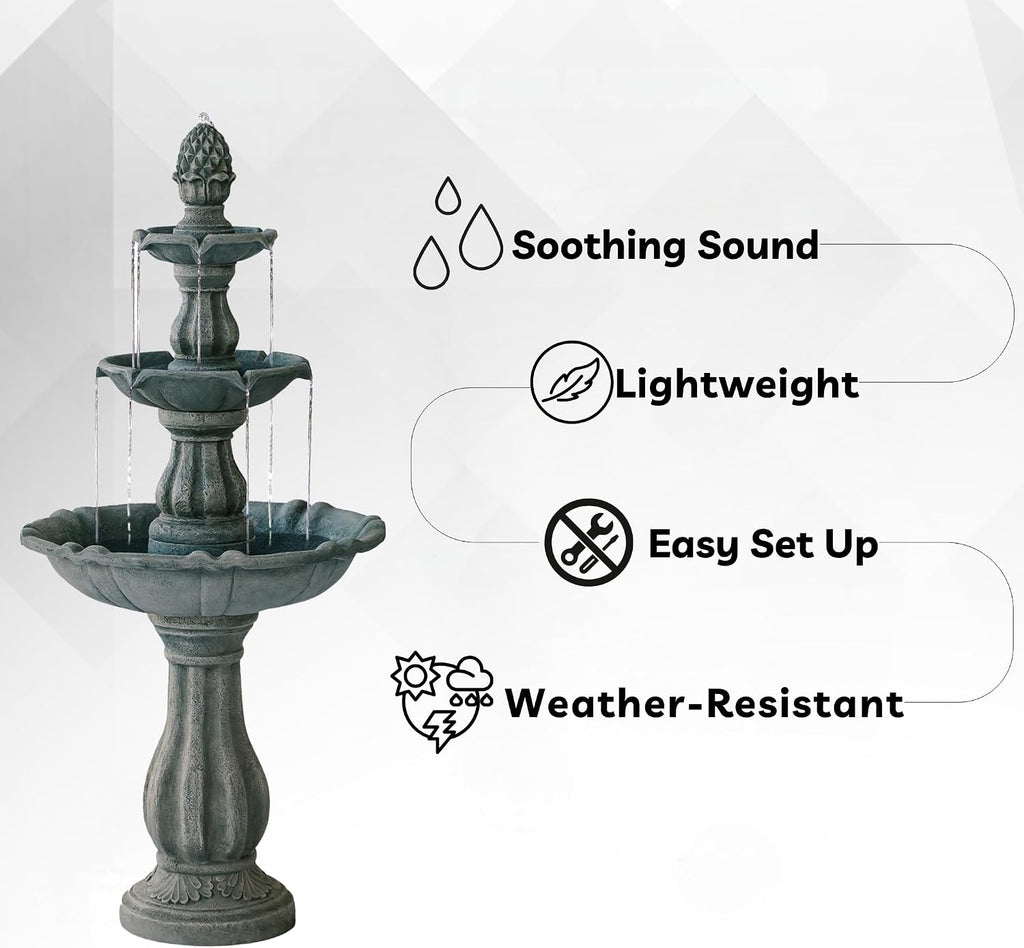 XBrand 51' 3-Tier Outdoor Waterfall Fountain, Weather-Resistant Resin Freestanding Water Feature with Pump, Gray