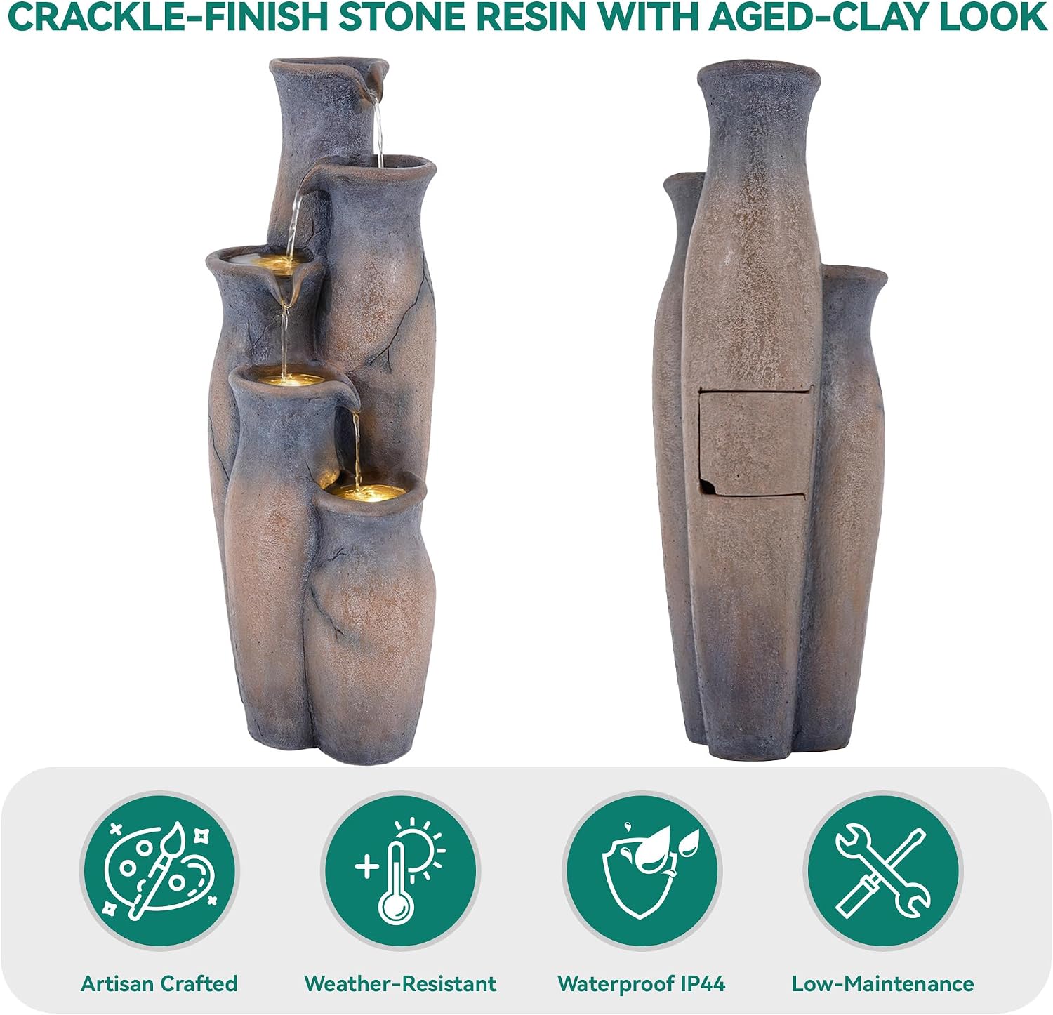 33' H Outdoor Water Fountain with Lights, 5-Tier Faux Terracotta Vase Waterfall, Rustic Cracked Stone Finish Resin Cascading Waterfall Feature with Tranquil Oasis for Garden, Patio, Yard, Porch