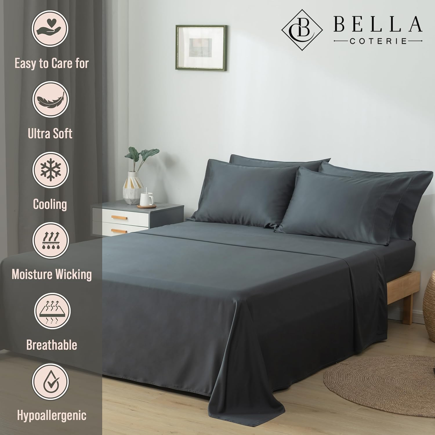 Bella Coterie 6 Piece Luxury Bamboo Viscose King Size Sheet Set | 100% Organically Grown | Cooling for Hot Sleepers | 18' Deep Pocket | Soft & Hypoallergenic | 4 Pillowcases [Charcoal Grey]