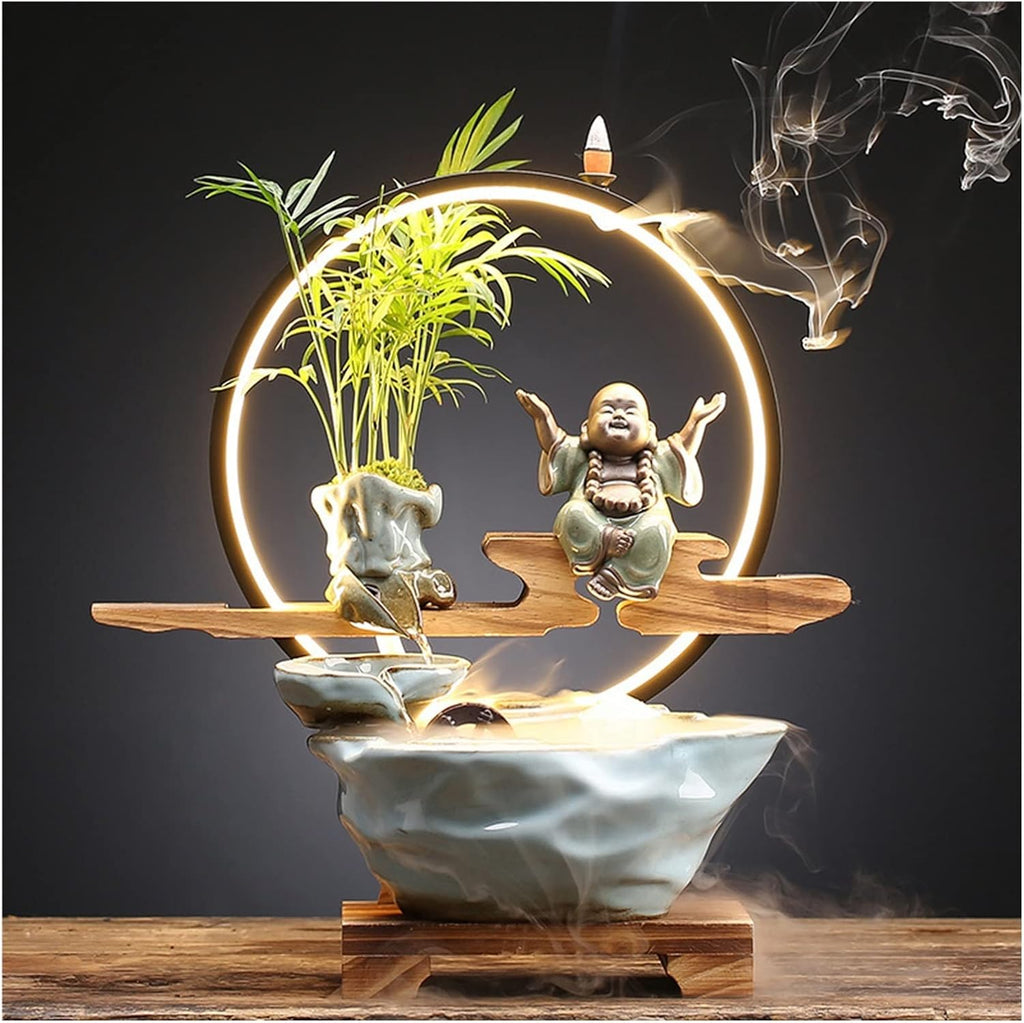 Ceramics Indoor Water Fountains Home Lucky Circulation Flowing Water Ornament Living Room Desktop Office Fountain with Mist and Backflow Incense Holder (Color : D)