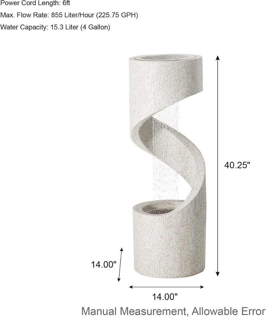 Glitzhome Outdoor Water Fountain with LED Light, Modren Curved Waterfall Fountain with Stone Planter, Faux Terrazzo Spiral Shaped Outdoor Fountains Water Feature for Garden Patio Deck Porch, 40.25'H