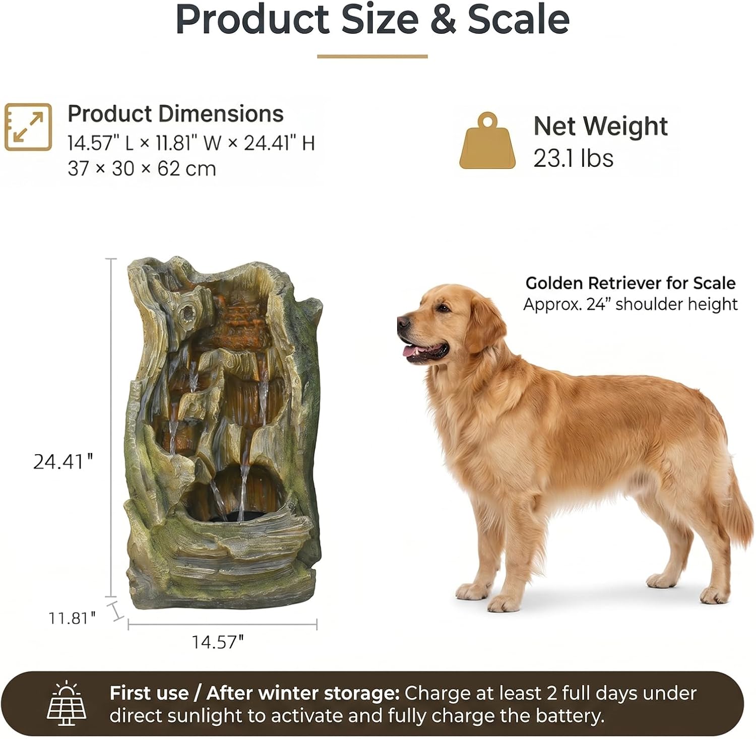 Bumilgar Solar Outdoor Water Fountain, 24.4' Tall Tree Stump Cascading Fountain with Solar Powered Pump, Realistic Wood Grain Resin Water Feature for Garden, Patio, Backyard and Yard Decor