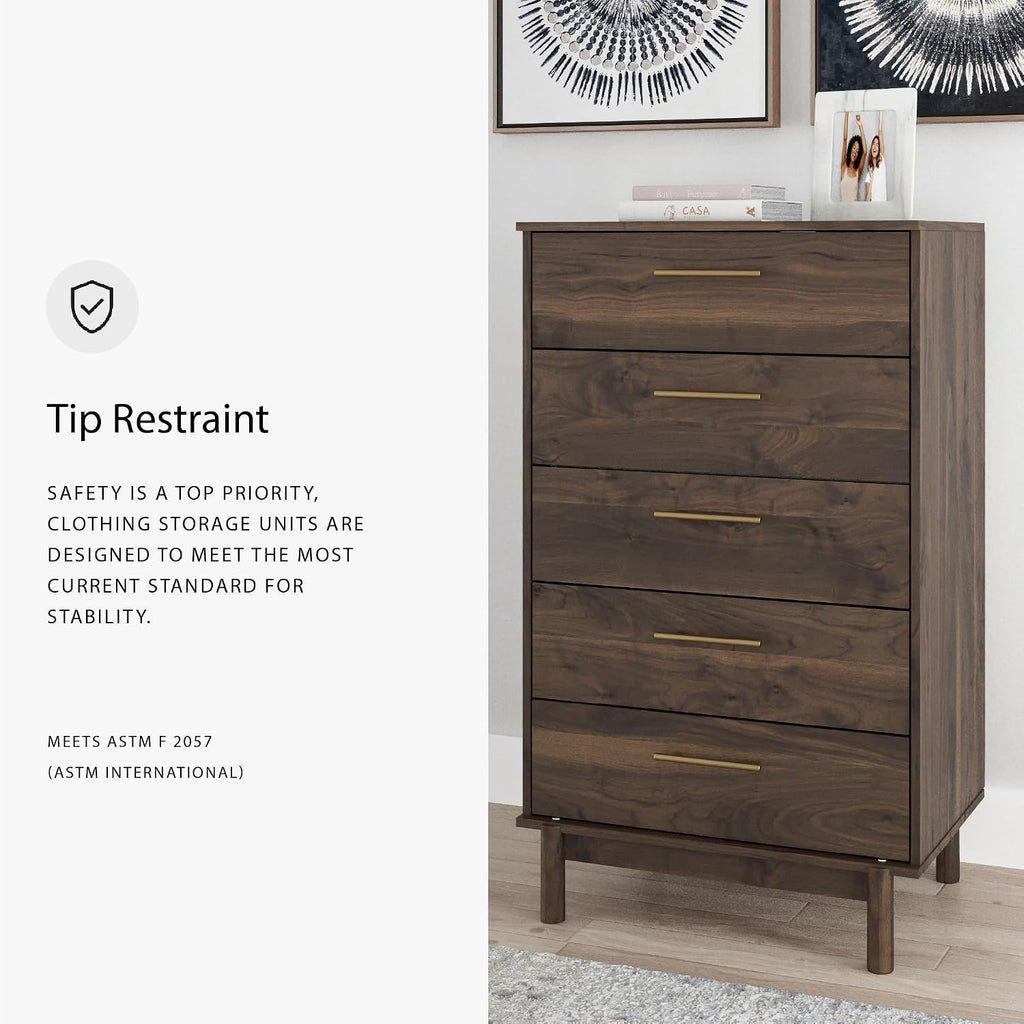 Signature Design by Ashley Calverson Contemporary 5 Drawer Chest of Smooth-Gliding Drawers and Safety Stop, Dark Brown