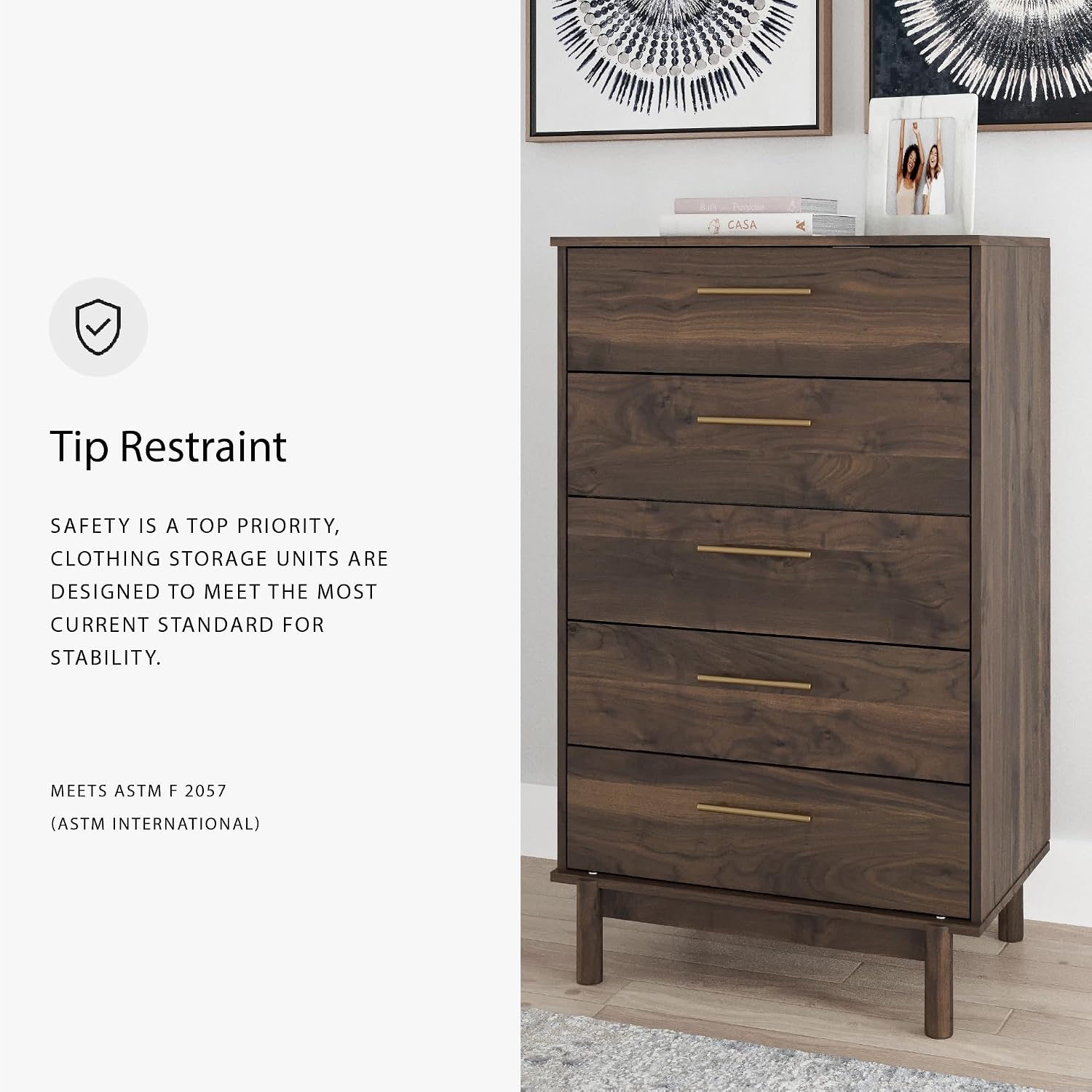 Signature Design by Ashley Calverson Contemporary 5 Drawer Chest of Smooth-Gliding Drawers and Safety Stop, Dark Brown
