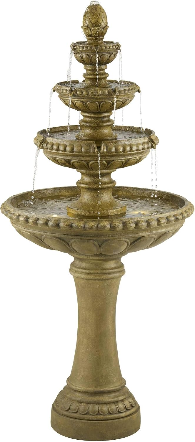Sag Harbor 66' High Large Italian Outdoor Decor Sand Stone Floor Fountain with Light LED Waterfall 4-Tier Standing Basin Water Feature for Outside Garden Patio Yard Backyard Porch - John Timberland