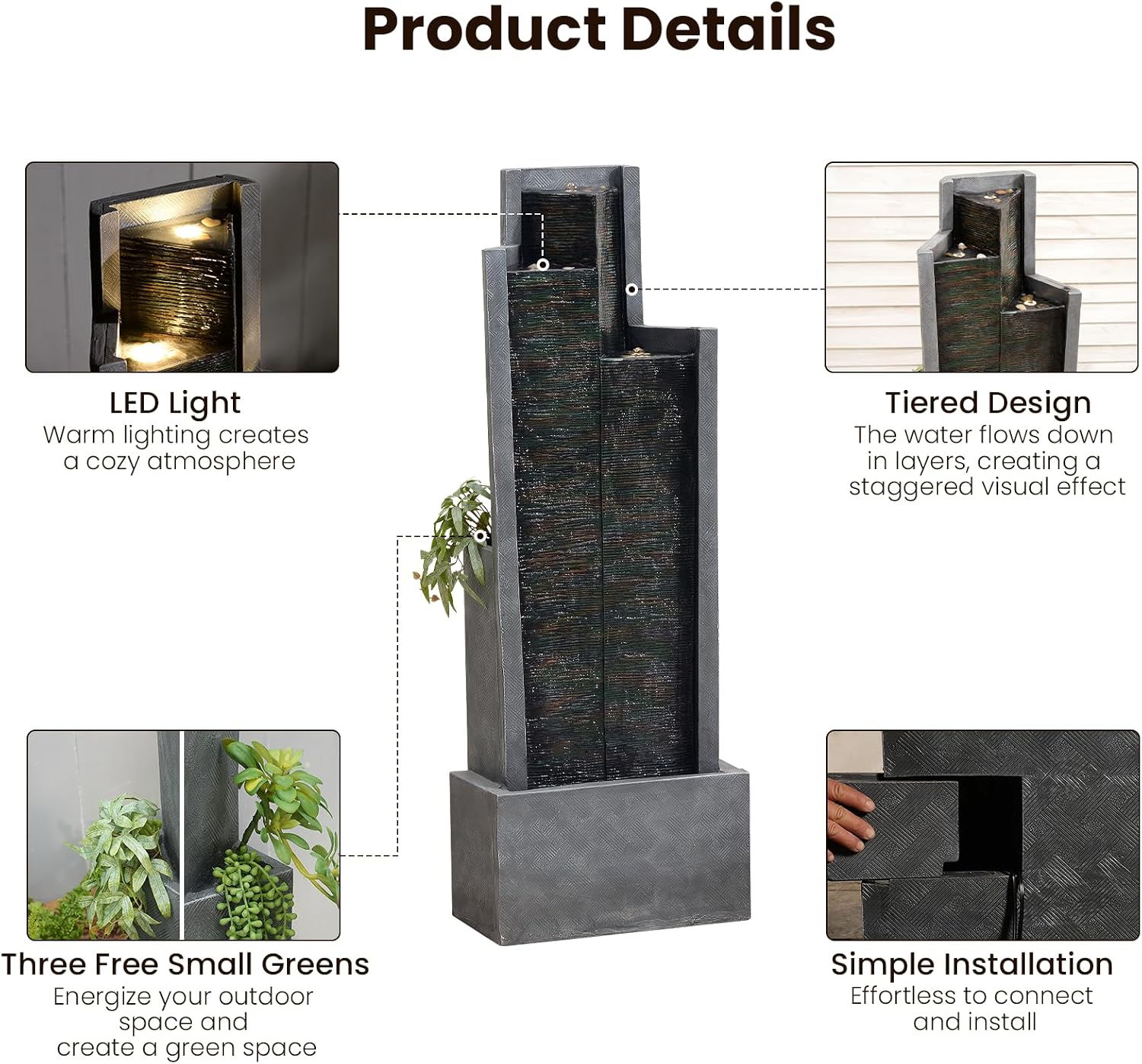 49.6' H Garden Fountains Outdoor Modern Cascading Indoor Water Fountain Tall Floor - Standing Fountain with Lights for Garden, Patio, Yard, Deck and Home Art Decor