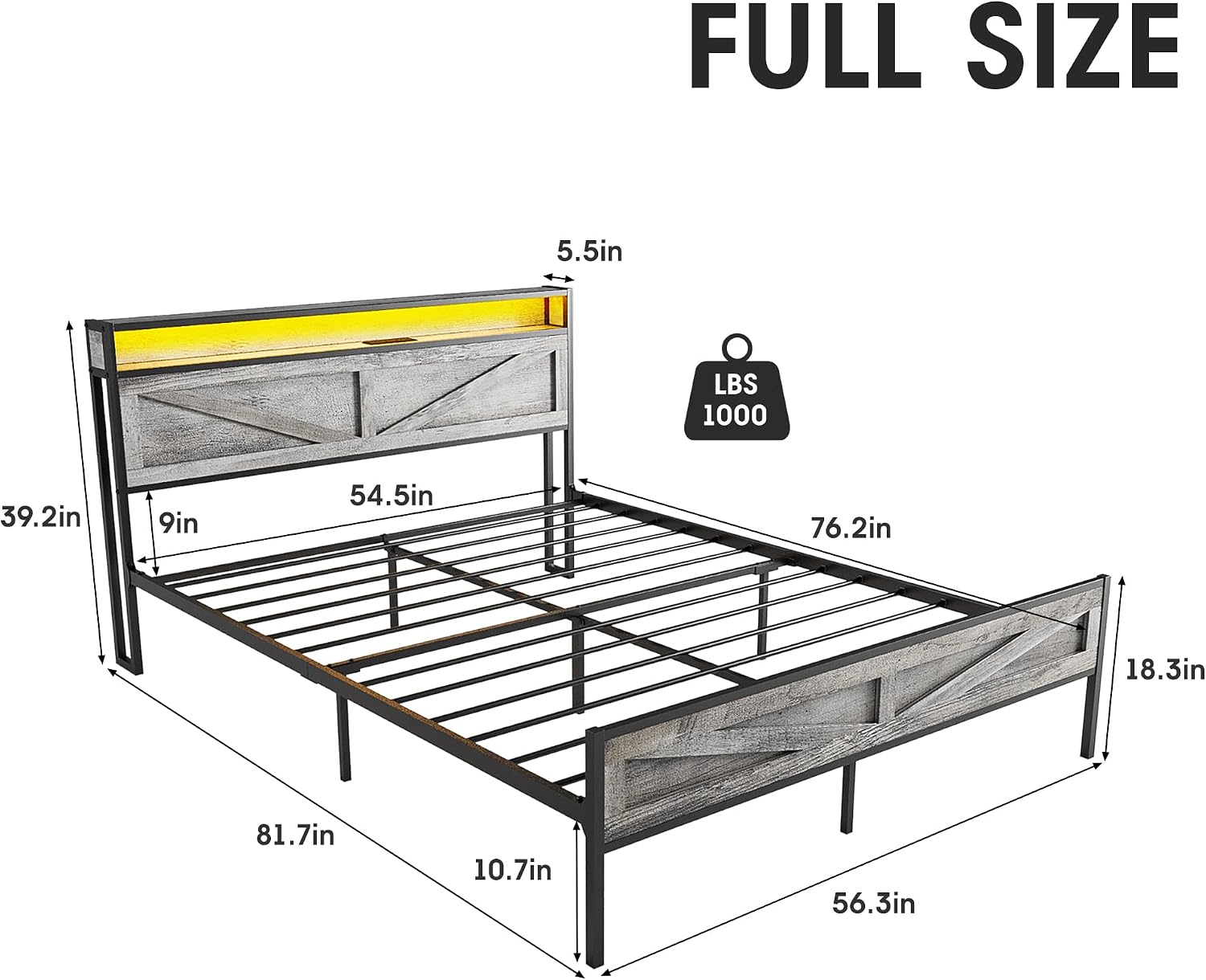 Vabches Full Size Bed Frame with Headboard and Charging Station, Wash Grey Platform Bed Frame with Led Light, No Box Spring Needed, Noise Free Farmhouse Bedroom Set