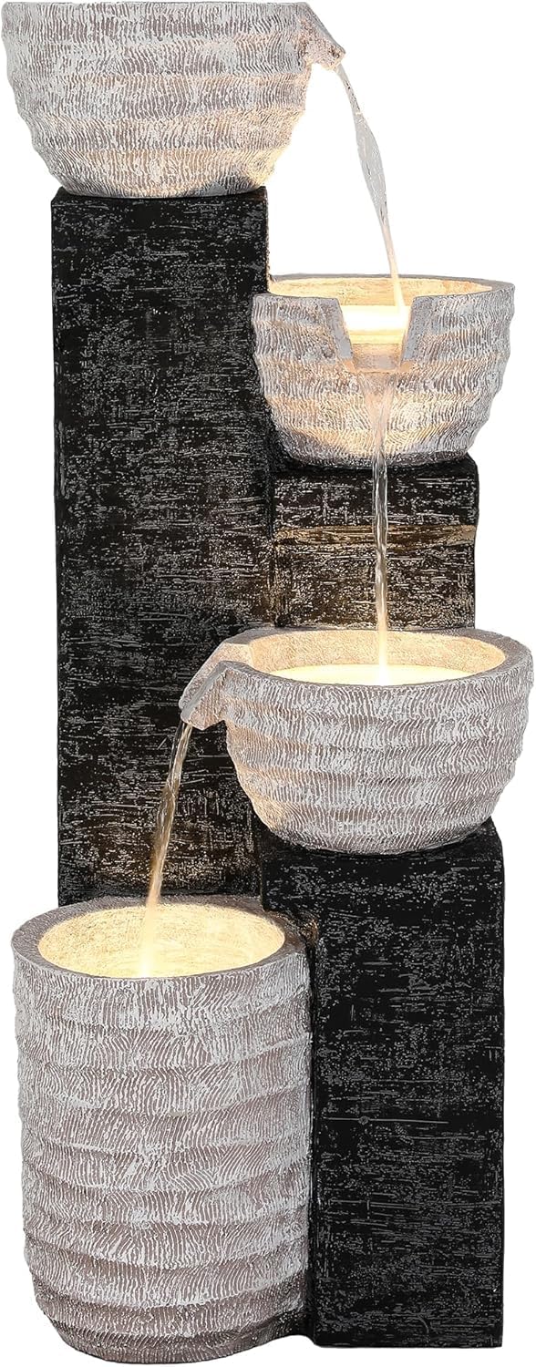 40' H Multilayer Cascading Outdoor Water Fountain with LED Lights & Pump, Sand-Textured Polyresin Freestanding Garden Fountain for Tranquil Garden, Patio or Porch