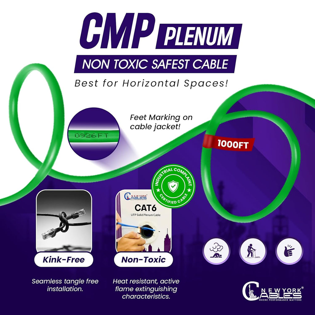 NewYork Cables | CAT6 Plenum Cable 1000ft | UTP, 550MHz, 23AWG, 4Pair 10GB | Most Certified CMP-Rated Fire-Retardant Bulk Cat 6 Ethernet Cable for Networking & Gaming (1000ft, Solid Conductor, Green)