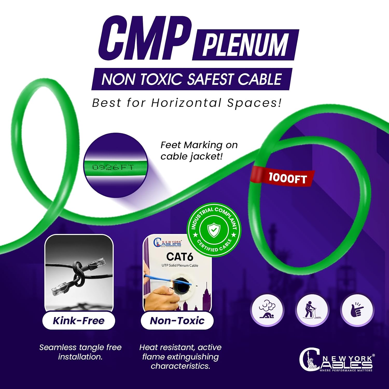 NewYork Cables | CAT6 Plenum Cable 1000ft | UTP, 550MHz, 23AWG, 4Pair 10GB | Most Certified CMP-Rated Fire-Retardant Bulk Cat 6 Ethernet Cable for Networking & Gaming (1000ft, Solid Conductor, Green)