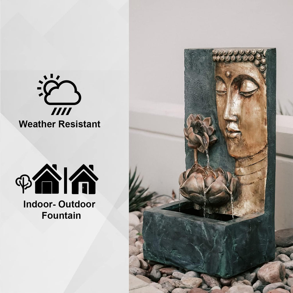 XBrand 30' H Zen Buddha Face Water Fountain w/LED Light & Pump, Indoor/Outdoor Freestanding, Relaxing Zen Décor, Bronze and Natural Grey Polyresin Fountain for Home Patio Garden Backyard