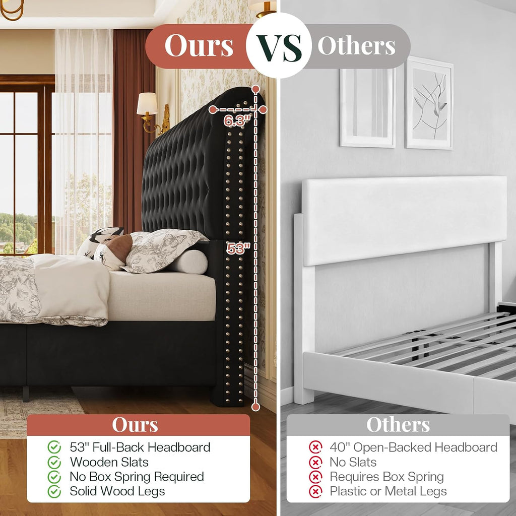 Jocisland Queen Bed Frame with 53' Tall Headboard, Velvet Upholstered Platform Sleigh Bed with Button Tufted, Solid Wood Legs, No Box Spring Needed, Easy Assembly, Black