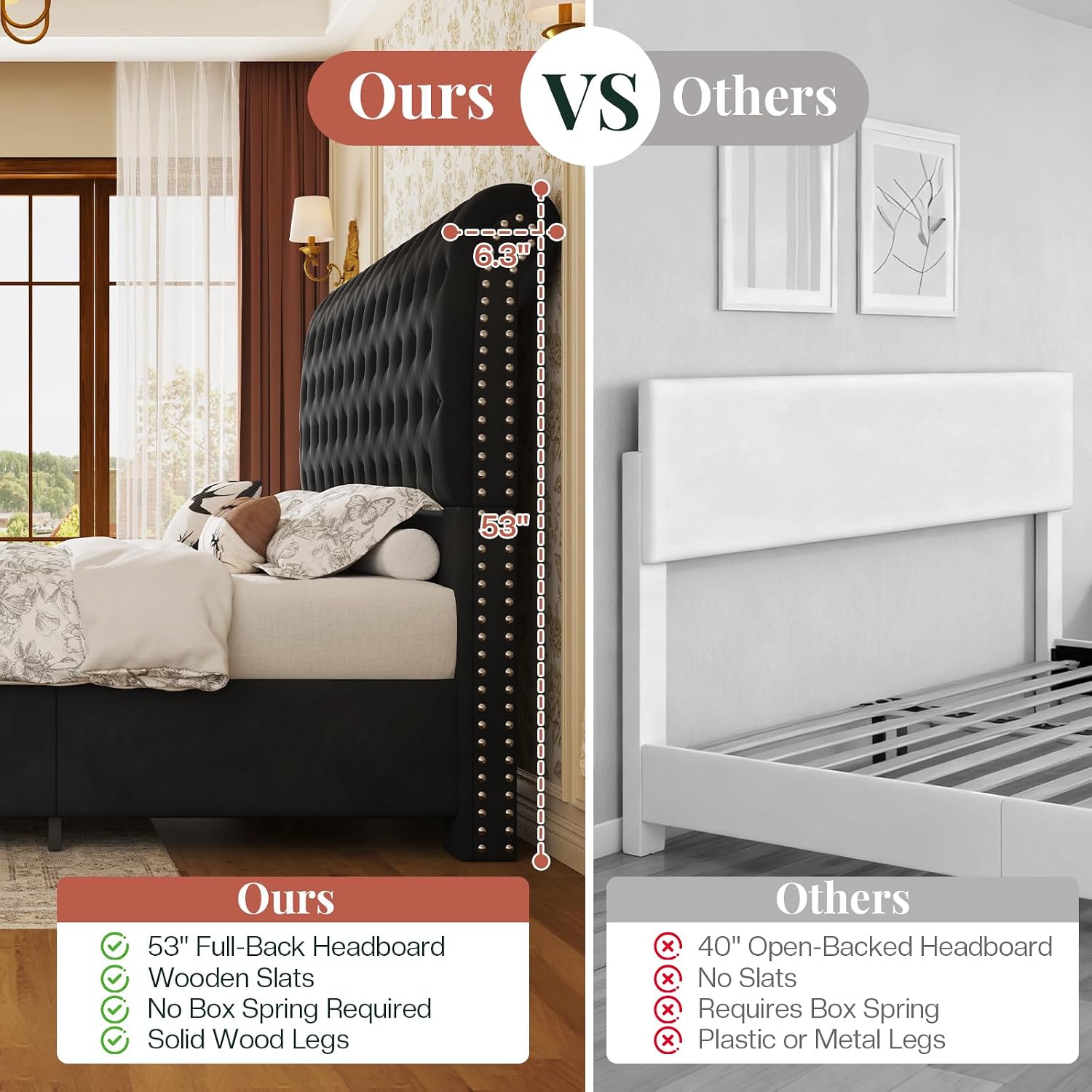 Jocisland Queen Bed Frame with 53' Tall Headboard, Velvet Upholstered Platform Sleigh Bed with Button Tufted, Solid Wood Legs, No Box Spring Needed, Easy Assembly, Black