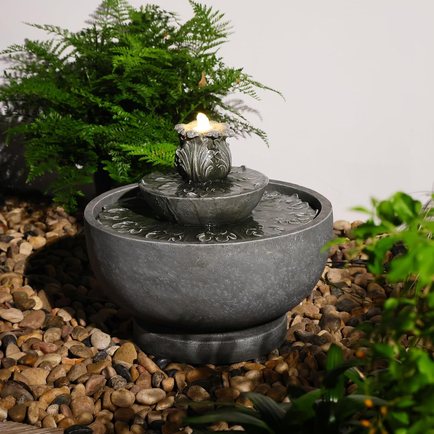 Sunlinua Small Modern Outdoor Water Fountain with Led Lights 3-Tiers Cascading Waterfall Feature with Quiet Pump Floor Water Fountain for Patio Garden Backyard Decking Home and Indoor Décor Gray