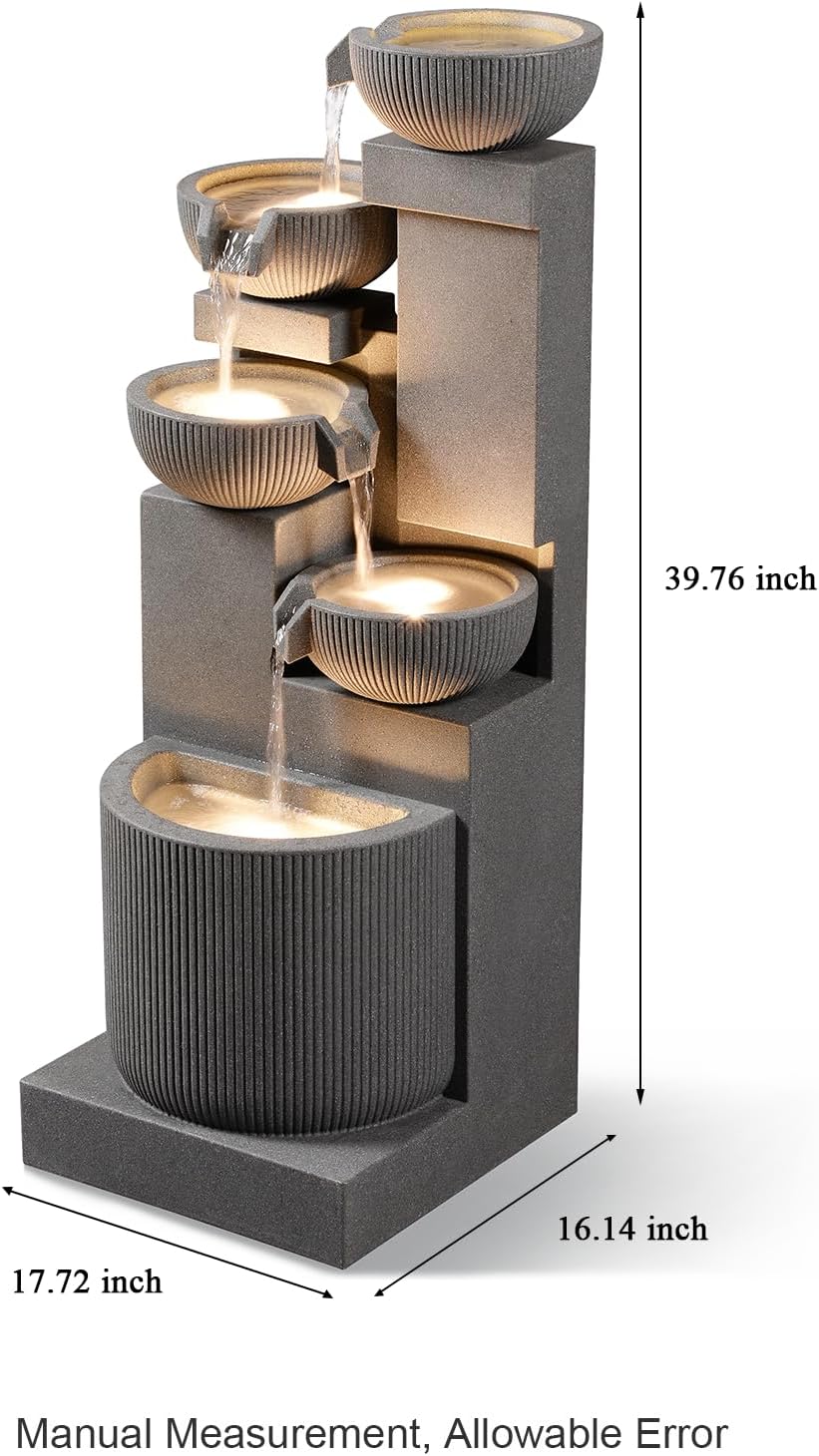 39.76' H 5-Tiers Cascading Bowls Outdoor Water Fountain Made with Eco-Friendly Recyclable Materials, Polyethylene Waterfall Fountain, Outdoor Decor with LED Lights for Patio, Backyard (39.76')