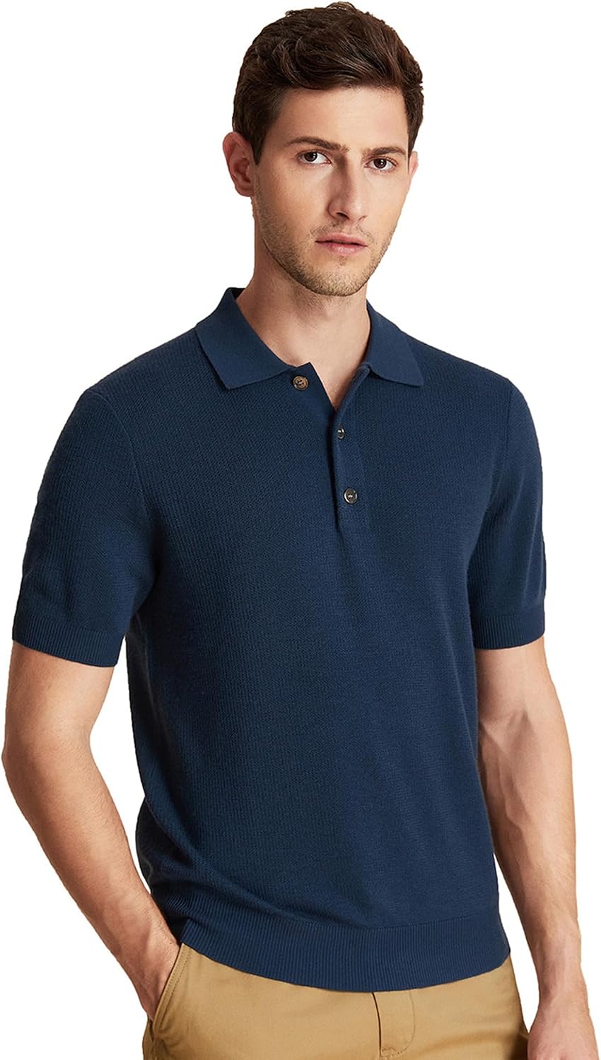 GreenMount Men's Merino Wool Polo Shirt Jacquard Short Sleeve Soft Light Weight