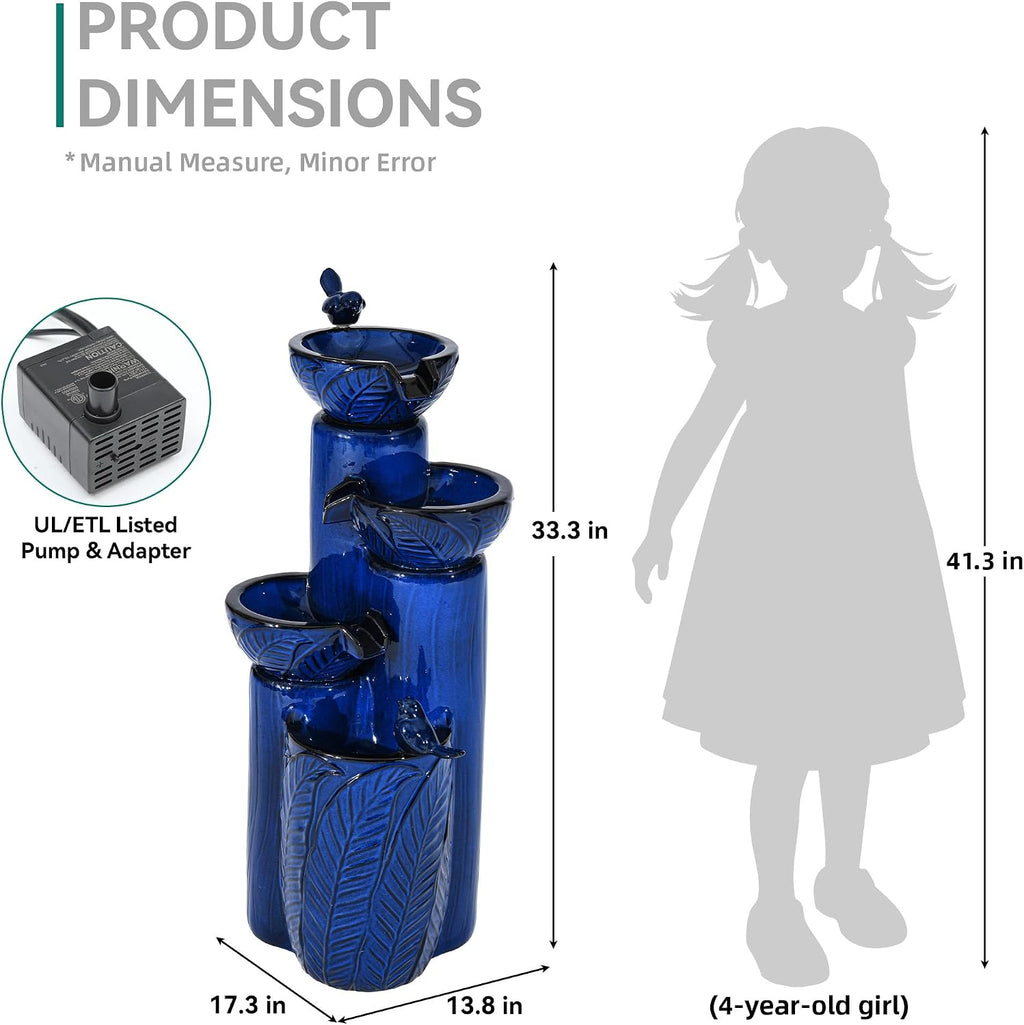 33' H Ceramic Outdoor Water Fountain with LED Lights, 4-Tier Bowl Water Feature with Birds, Cobalt Blue Glaze, Embossed Leaf Pattern, Cascading Waterfall for Tranquil Garden, Patio, or Porch