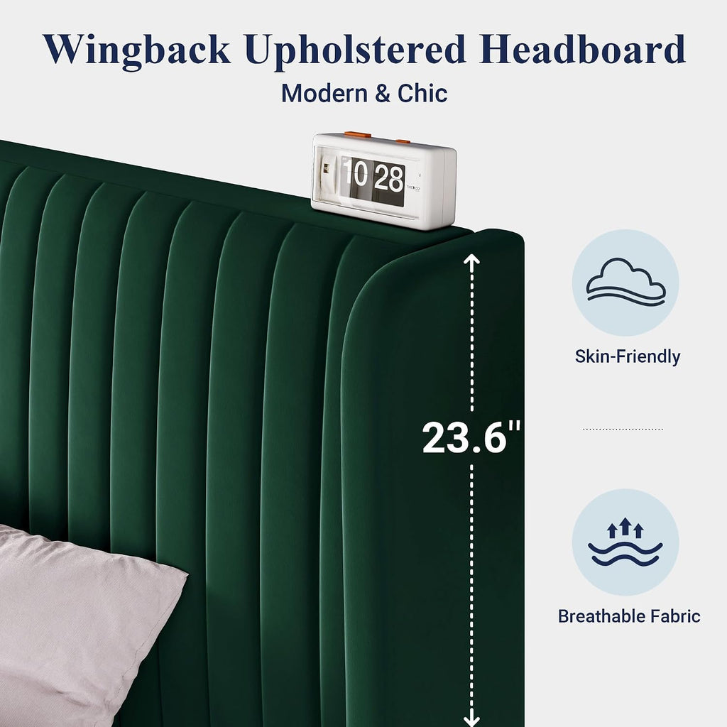 Allewie Full Size Bed Frame/Velvet Upholstered Platform Bed/Vertical Channel Tufted Wingback Headboard/Strong Wooden Slats/No Box Spring Needed/Easy Assembly/Green