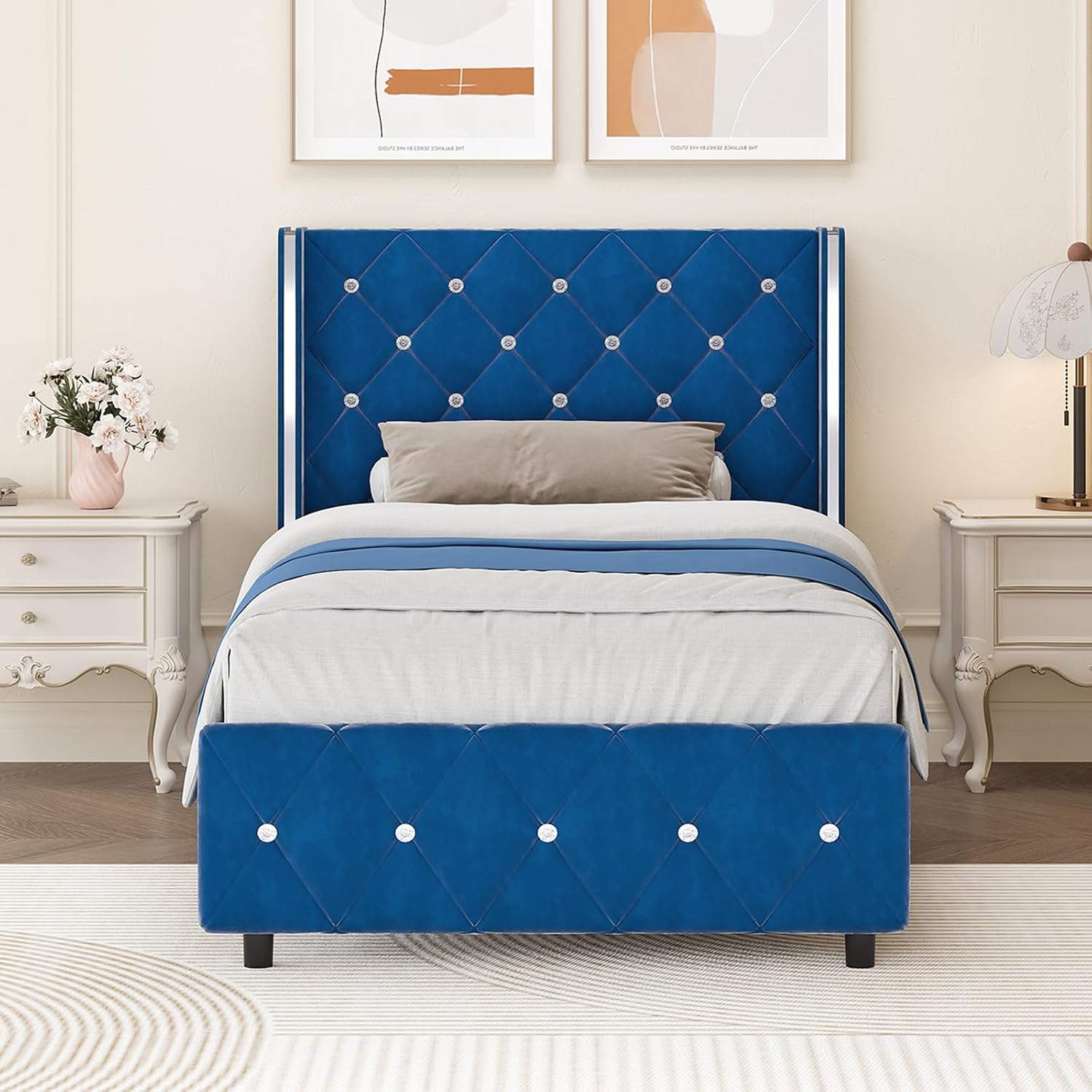 HOMBCK Twin Bed Frames, Upholstered Platform Bed with Diamond Tufted Headboard, Modern Velvet Bed Frame with Wingback Design, No Box Spring Needed, Easy Assembly, Blue