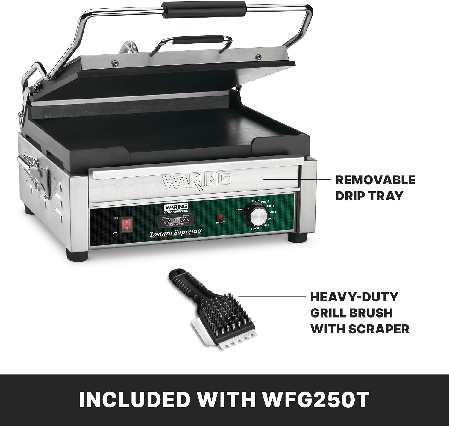 Waring Commercial Panini Press with Timer, Flat Cast Iron Plates, 14.5' x 11' Cooking Surface, 570°F Adjustable Thermostat, for Sandwiches up to 3' Thick, Professional Kitchen Grill, 120V, WFG250T
