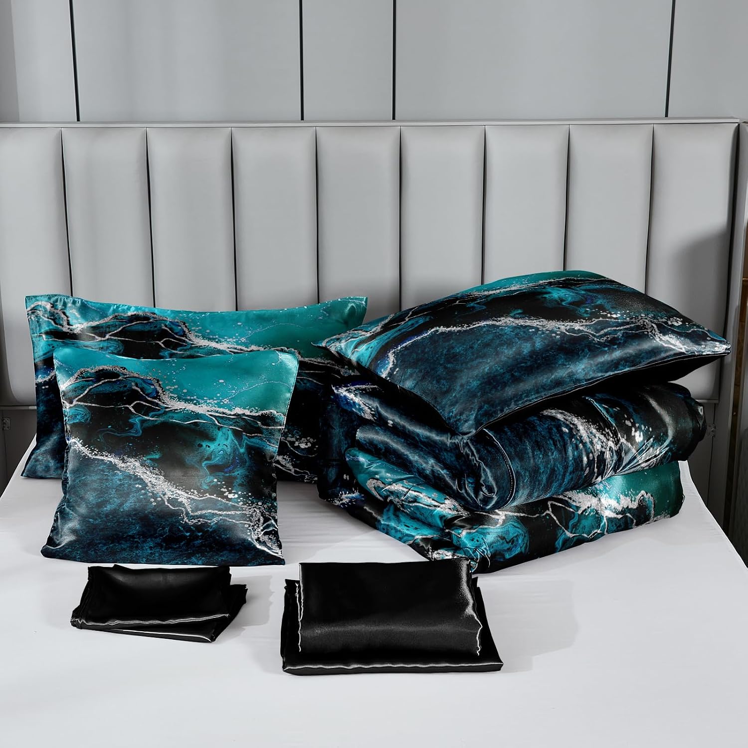 Bedorm Blue Marble Comforter Set King Silky Satin Bed in A Bag Black Marble Stone Abstract Texture Silk Like Black Satin Bedding Set with Comforter and Sheet Set