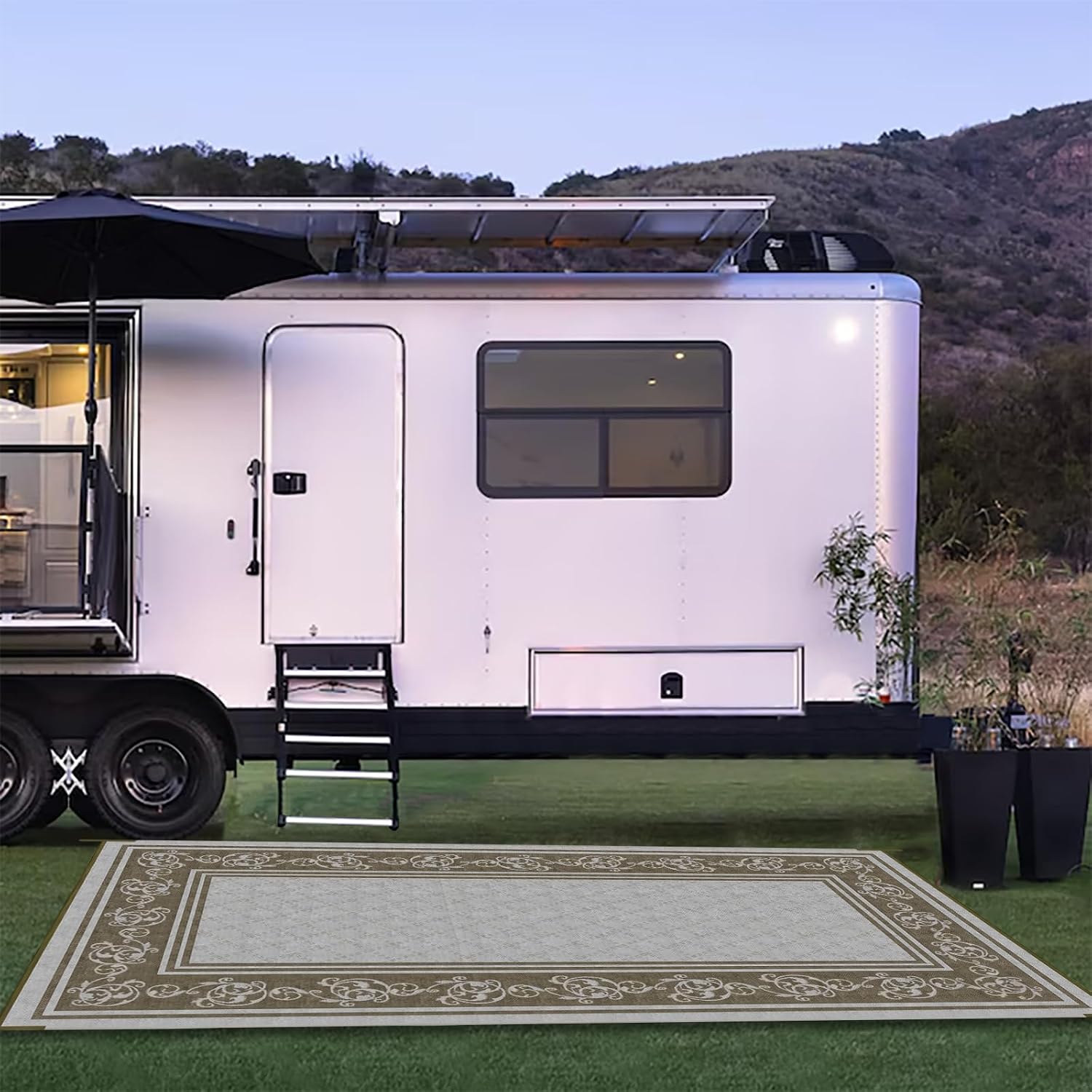EEZ RV Products 9ft x 18ft Heavy Duty Reversible/Durable Outdoor Patio/RVing Camping Mats Come with Large Storage Bag & 6 Sets of Stakes and Washer, Vine Brown