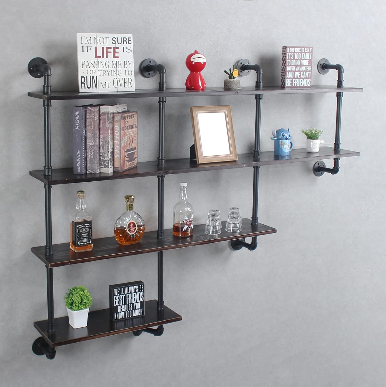 MBQQ 4-Tiers 63inch Industrial Pipe Shelving,Rustic Wooden&Metal Floating Shelves,Home Decor Shelves Wall Mount with Wine Rack,Decorative Accent Wall Book Shelf for Kitchen,Retro Black