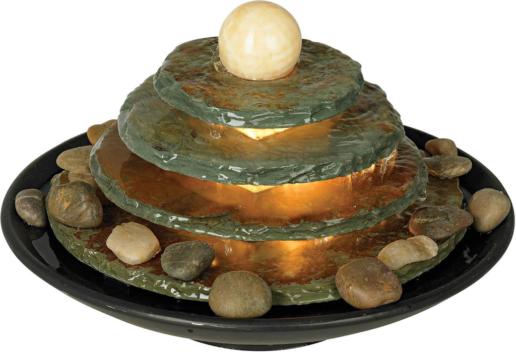 Pyramid 10' High Small Zen Modern Indoor Decor Slate Stone Tabletop Fountain with Light Waterfall Feng Shui Ball Rock Water Feature for Desk Relaxation Bedroom Living Room Countertop - John Timberland