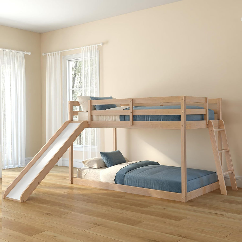 Grain & Grove Bear Twin Over Twin Bunk Bed with Slide, Low Bunk Bed Frame for Kids, Bunk with Ladder, Guardrail, and Slats, No Box Spring Required, Oak Embossed Natural