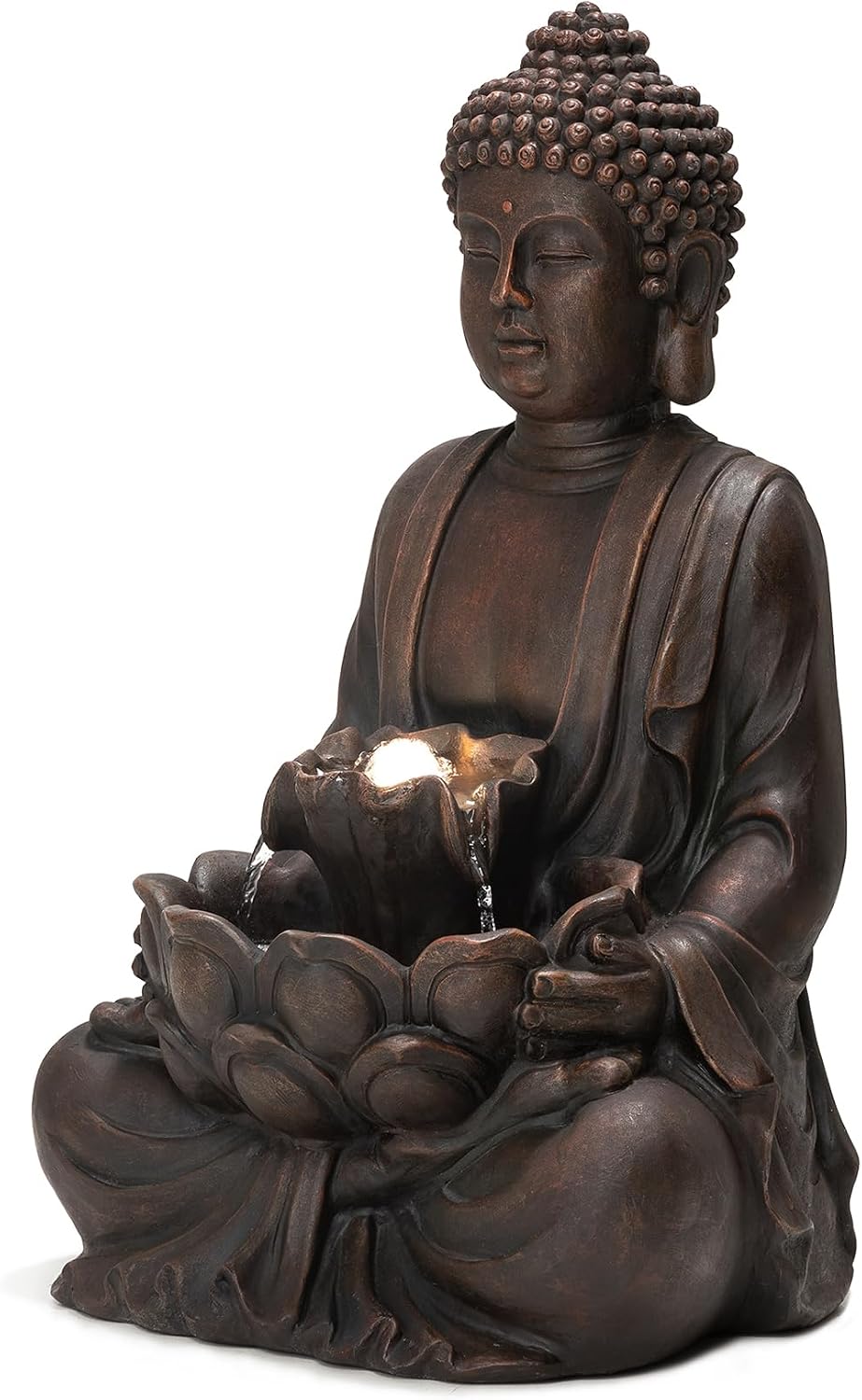 Glitzhome 24' H Zen Style Meditating Buddha Water Fountain Statue with Pump and LED Light, 2 Tier Waterfalls Resin Indoor Outdoor Floor Fountain for Garden Patio Backyard Decking