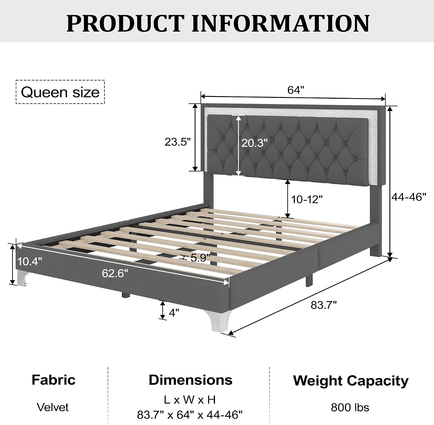 Flieks Queen Size Upholstered Bed Frame with LED Lights,Modern Velvet Platform Bed with Crystal Tufted Headboard,Gray