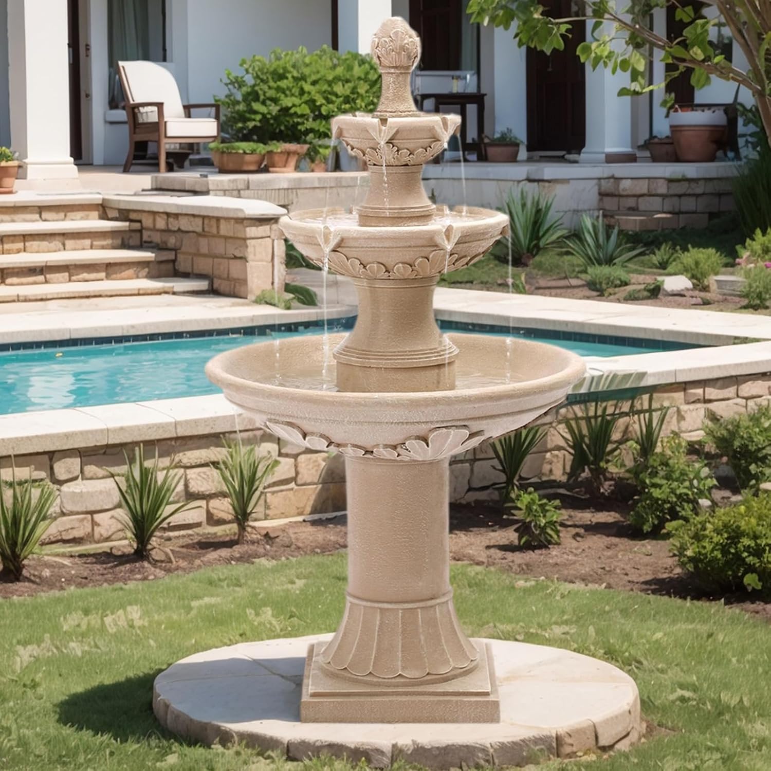 Grepatio Italian Outdoor Water Fountain, 48.4' H Bubbler Garden Waterfalls Fountains, 3 Tiered Roman Pillar Floor Water Fountain for Indoor, Yard, Lawn and Garden Décor