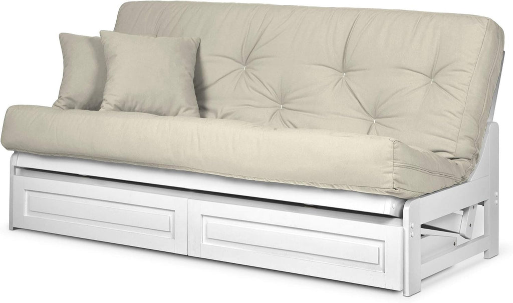 Nirvana Futons Arden White Futon with Storage Drawers Full or Queen Size - Space Saving Armless Design with Comfortable Mattress (Twill Ivory), Sofa Bed Available in