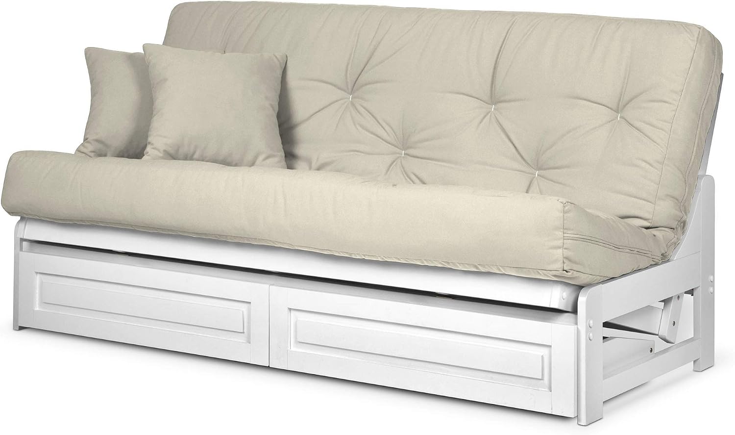 Nirvana Futons Arden White Futon with Storage Drawers Full or Queen Size - Space Saving Armless Design with Comfortable Mattress (Twill Ivory), Sofa Bed Available in