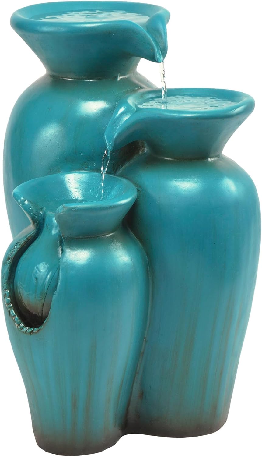 Alpine Corporation DIG246TUR 21' Outdoor 3-Tiered Pots Water Fountain – Cascading Ceramic Water Feature with Built-In Pump for Gardens, Patios, Yards, and Outdoor Décor, Turquoise